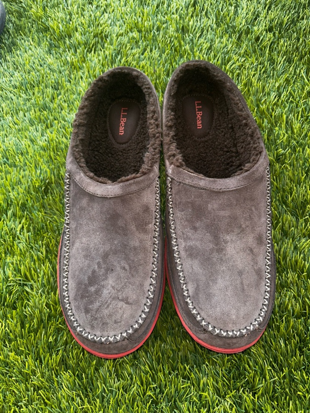 L.L. Bean Men’s Brown Suede Shearling-Lined Moccasin Slippers with Red Trim